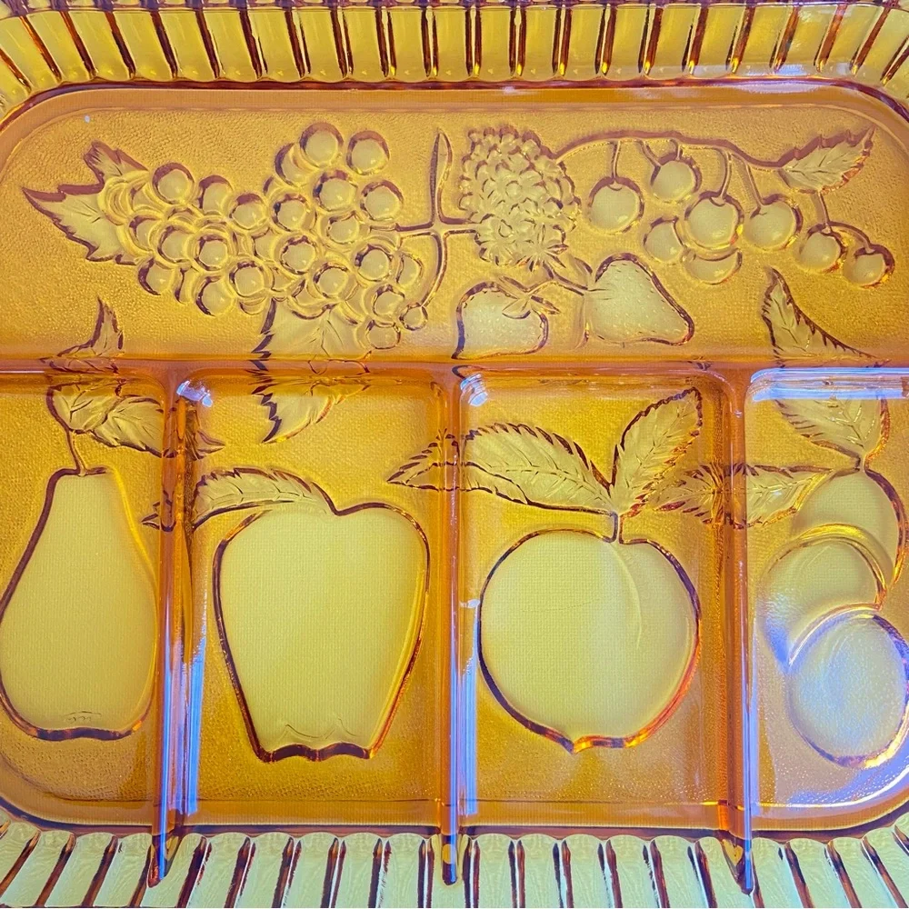 Indiana Glass fruits amber pressed glass divided relish tray 5 sections VINTAGE